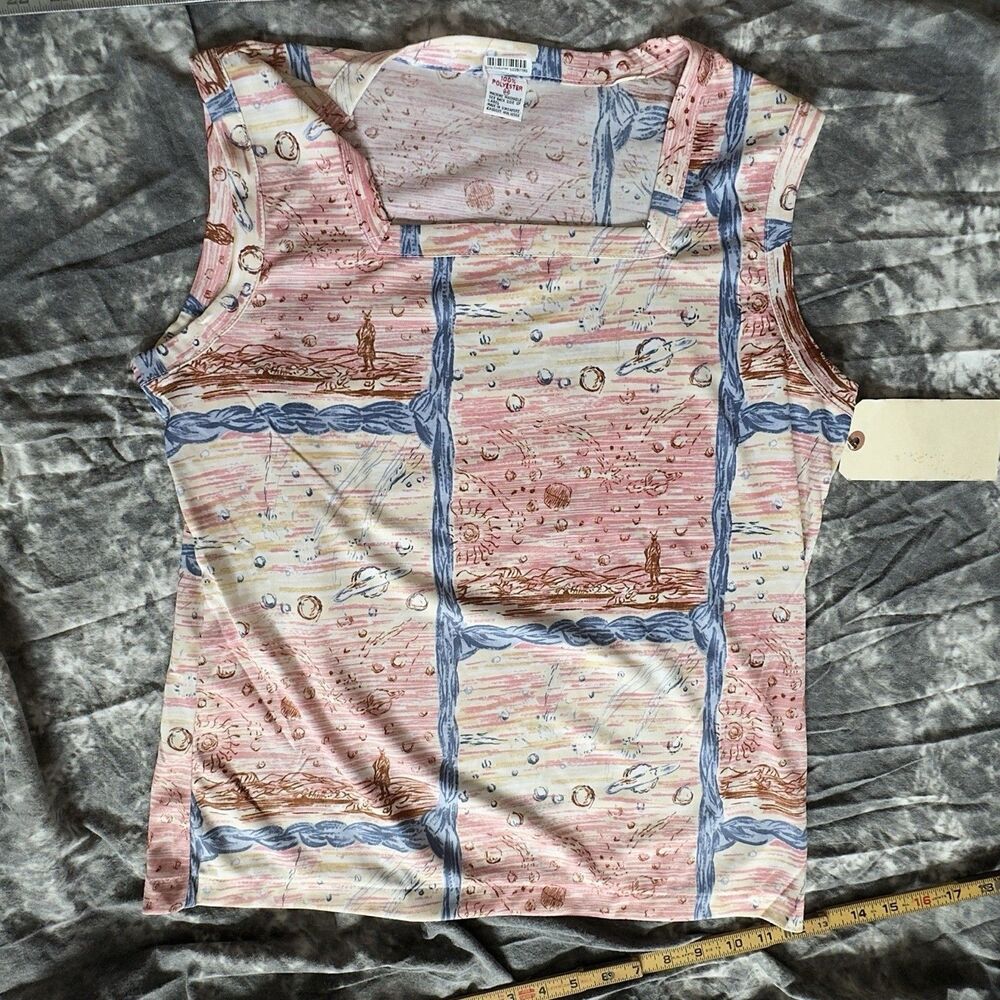 1970s Poly Novelty Sci-Fi Spaceship Print Sleeveless Vintage L Top Sony Studios
